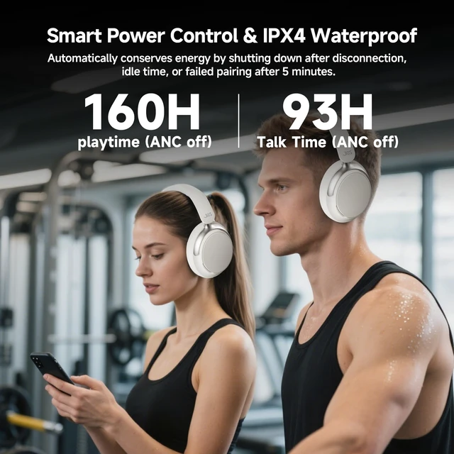 Alt view image 5 of 7 - Over-Ear Hybrid Active Noise Cancelling Headphones, Bluetooth 5.4, 160H ANC Playtime, Transparency Mode, Deep Bass, Multipoint, IPX4, HD Call Mic, Foldable Portable, Travel Gym Work - White