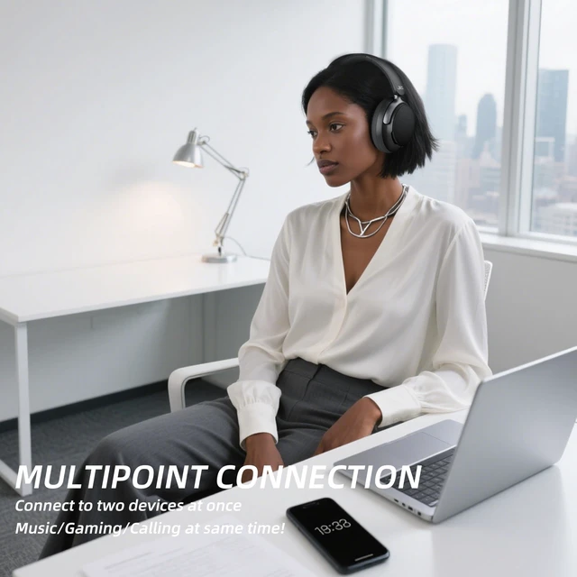 Alt view image 7 of 7 - Over-Ear Hybrid Active Noise Cancelling Headphones, Bluetooth 5.4, 160H ANC Playtime, Transparency Mode, Deep Bass, Multipoint, IPX4, HD Call Mic, Foldable Portable, Travel Gym Work - White