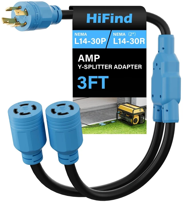 Main image of 4 Prong 30 Amp Generator Y Splitter Locking Adapter Cord 3 Ft, NEMA L14-30P to (2) L14-30R Power Converter Plug, 10/3 AWG SJTW Outdoor, 125/250V for Manual Transfer Switch, Outages, RV Camper,ETL-Blue