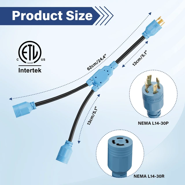Alt view image 3 of 6 - 4 Prong 30 Amp Generator Y Splitter Locking Adapter Cord 3 Ft, NEMA L14-30P to (2) L14-30R Power Converter Plug, 10/3 AWG SJTW Outdoor, 125/250V for Manual Transfer Switch, Outages, RV Camper,ETL-Blue
