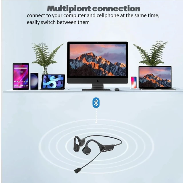 Alt view image 7 of 7 - Bone Conduction Headphones Bluetooth,Wireless Computer Headset with Mic Noise Canceling, Open Ear Over Ear Headphones, Multipoint Pairing,Long Playtime,Comfortable for Running Cycling Working Driving