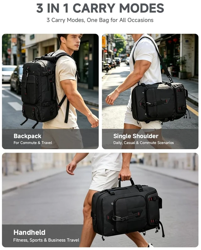 Alt view image 2 of 7 - Travel Backpack for Men, 40L Carry on Backpack For Camping,Weekender Black Large Carry On, Convertible Duffle Bag, Shoe Compartment, Fits 16 Inch Laptop, Durable