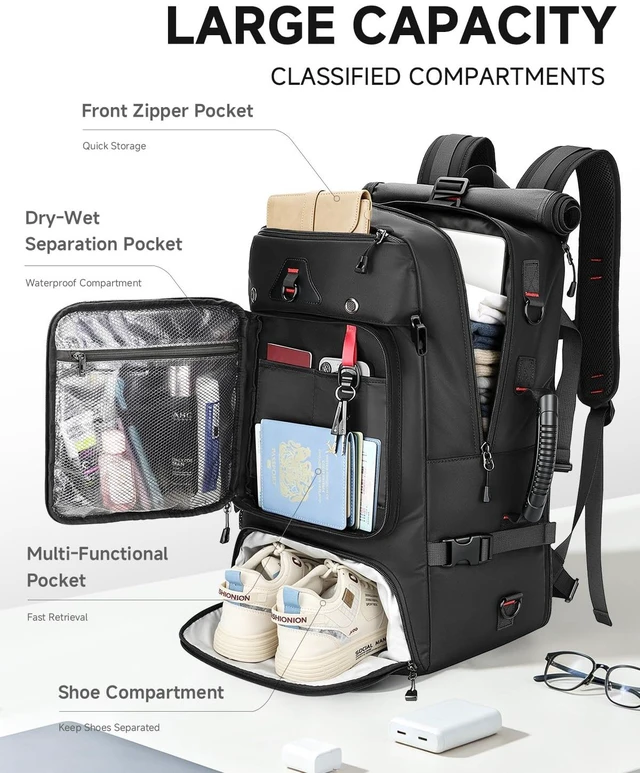 Alt view image 3 of 7 - Travel Backpack for Men, 40L Carry on Backpack For Camping,Weekender Black Large Carry On, Convertible Duffle Bag, Shoe Compartment, Fits 16 Inch Laptop, Durable