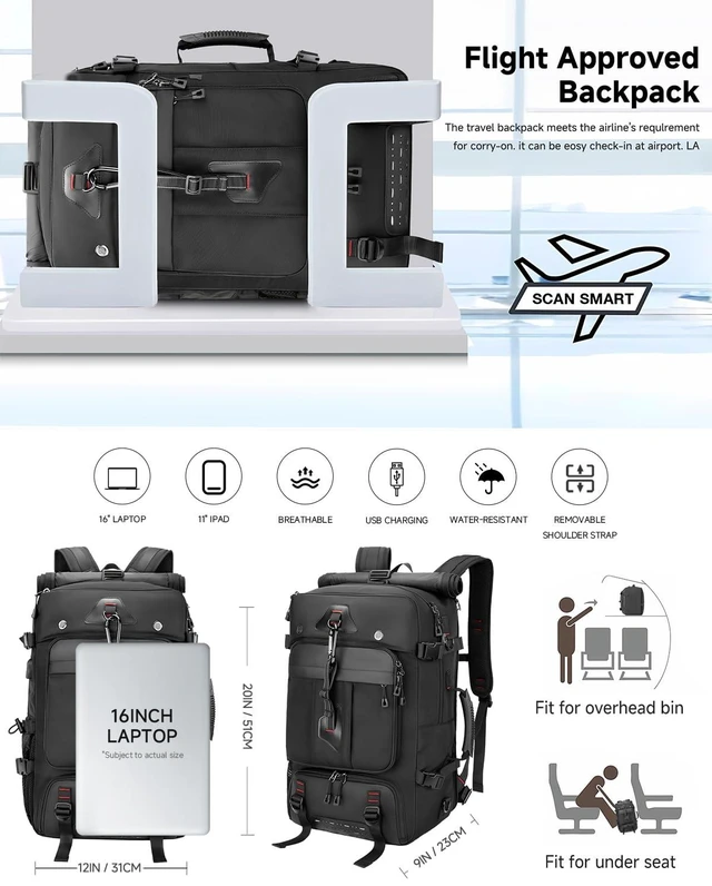 Alt view image 4 of 7 - Travel Backpack for Men, 40L Carry on Backpack For Camping,Weekender Black Large Carry On, Convertible Duffle Bag, Shoe Compartment, Fits 16 Inch Laptop, Durable