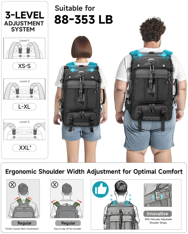 Alt view image 5 of 7 - Travel Backpack for Men, 40L Carry on Backpack For Camping,Weekender Black Large Carry On, Convertible Duffle Bag, Shoe Compartment, Fits 16 Inch Laptop, Durable