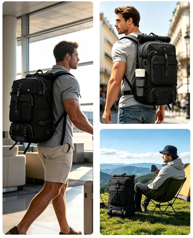 Alt view image 7 of 7 - Travel Backpack for Men, 40L Carry on Backpack For Camping,Weekender Black Large Carry On, Convertible Duffle Bag, Shoe Compartment, Fits 16 Inch Laptop, Durable