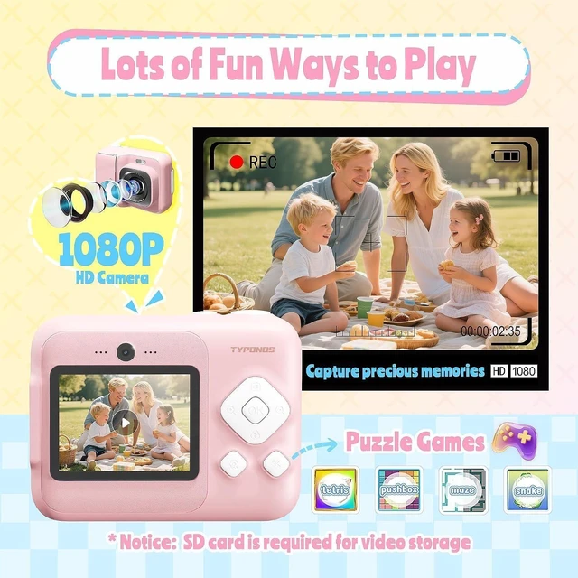 Alt view image 4 of 7 - Instant Print Kids Camera, 1080P HD Video Digital Camera, Pink Kids Camera with 3 rolls of Print Paper & 32G Card, Toddler Camera for 4-12 Years Old, ideal Christmas Birthday Gifts