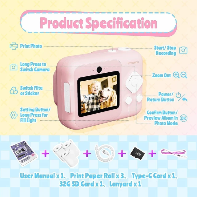 Alt view image 5 of 7 - Instant Print Kids Camera, 1080P HD Video Digital Camera, Pink Kids Camera with 3 rolls of Print Paper & 32G Card, Toddler Camera for 4-12 Years Old, ideal Christmas Birthday Gifts