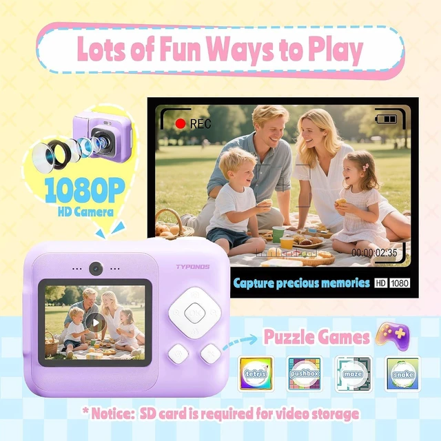 Alt view image 4 of 7 - Instant Print Kids Camera, 1080P HD Video Digital Camera, Violet Kids Camera with 3 rolls of Print Paper & 32G Card, Toddler Camera for 4-12 Years Old, ideal Christmas Birthday Gifts