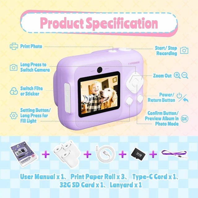 Alt view image 5 of 7 - Instant Print Kids Camera, 1080P HD Video Digital Camera, Violet Kids Camera with 3 rolls of Print Paper & 32G Card, Toddler Camera for 4-12 Years Old, ideal Christmas Birthday Gifts