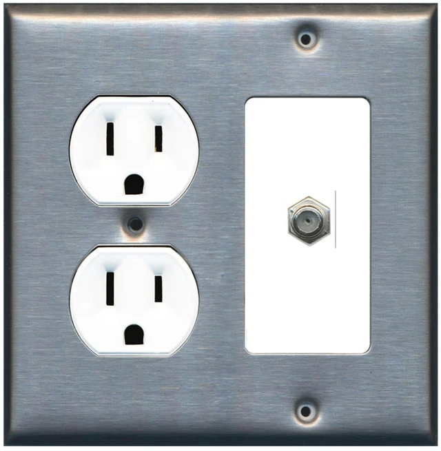 Main image of (2 Gang Decorative) 15 Amp Round Power Outlet Coax Cable TV Wall Plate - Stainless Steel/White