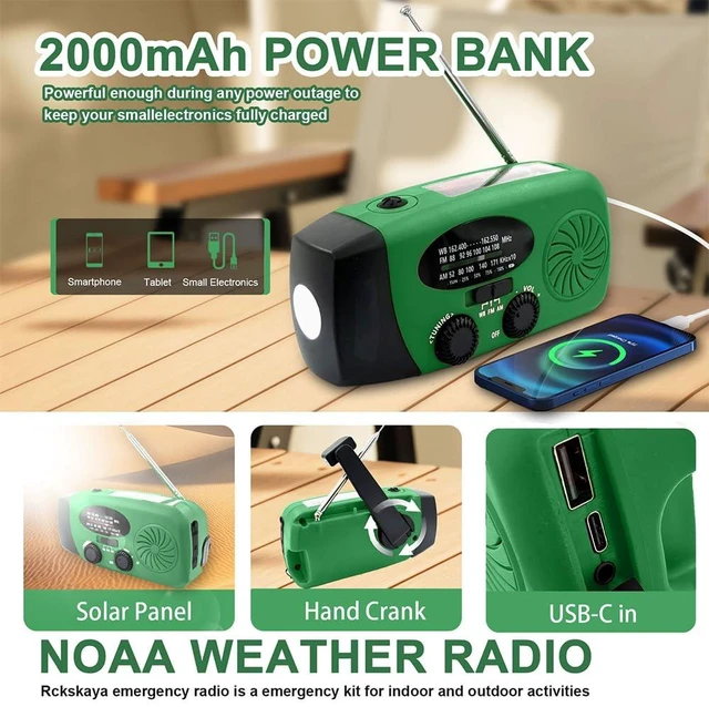 Alt view image 3 of 6 - 2000mAh Emergency NOAA Weather Radio, Hand Crank Radio Solar Portable AM FM Rechargeable Battery, Cell Phone Charger, LED Flashlight, SOS Alarm, for Survival Indoor/Outdoor Emergencies