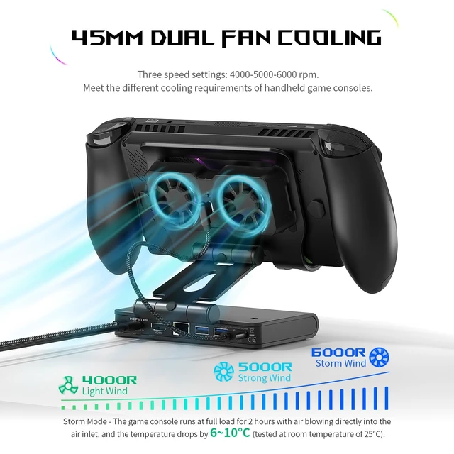 Alt view image 2 of 7 - Magnetic Dual Cooling Fan Docking Station for ROG Xbox Ally X/Switch 2 Detachable 3 speed, 6 in 1 Steam Deck Dock Stand for Legion Go / MSI Claw, HDMI 4K@144Hz, 100W PD, USB A Gaming Hub