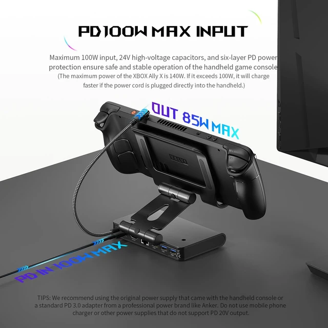 Alt view image 5 of 7 - Magnetic Dual Cooling Fan Docking Station for ROG Xbox Ally X/Switch 2 Detachable 3 speed, 6 in 1 Steam Deck Dock Stand for Legion Go / MSI Claw, HDMI 4K@144Hz, 100W PD, USB A Gaming Hub