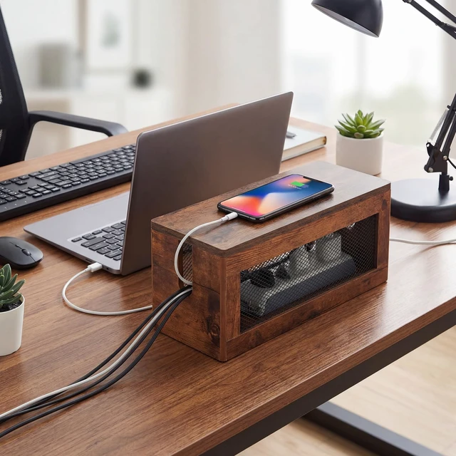 Alt view image 6 of 6 - Extra Large Cable Management Box, 16'' Wood Cord Box Organizer with Ventilation Nets & Organizer for Power Strip, TV Wires & Desk Cable Storage, Magnetic Lid Hide Floor Cables