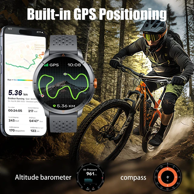 Alt view image 2 of 7 - Rugged Smartwatch 1.6 in AMOLED GPS 5ATM Waterproof SOS Compass 1.6 inch always-on AMOLED, built-in GPS, 5ATM waterproof, SOS button, hiking ready