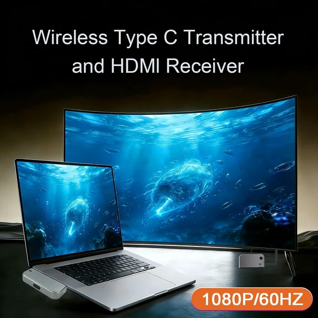 Alt view image 5 of 7 - Upgraded Type-C Wireless HDMI Transmitter Receiver Kit Plug-and-Play 2.4G/5.8G Dual-Band, 4K Decode to 1080P 60Hz, Long Range Mirroring for Phone/Tablet/Laptop/PC to Monitor/Projector/TV Box