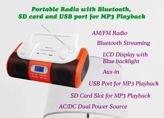 Alt view image 2 of 6 - HX-509R Portable Radio, Bluetooth, USB/SD Port (Red) AM/FM Radio, USB & SD Port for MP3 Playback, LCD Display, Aux-in, AC/DC Dual Power Source