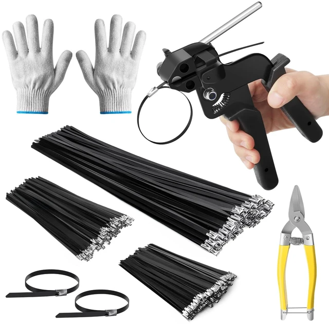 Main image of Stainless Steel Zip Ties Gun Set, with 300PCS Black Metal Zip Ties (100 Each of 6, 8, 11.8 Inch), Heavy Duty Fastening Cutting Tie Tool Sets for Chain Link Fence, Exhaust Pipes, Automotive