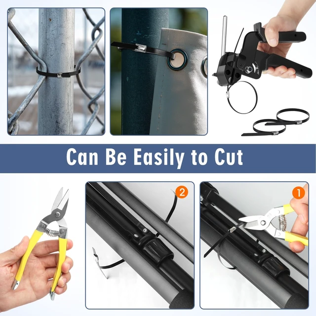 Alt view image 6 of 7 - Stainless Steel Zip Ties Gun Set, with 300PCS Black Metal Zip Ties (100 Each of 6, 8, 11.8 Inch), Heavy Duty Fastening Cutting Tie Tool Sets for Chain Link Fence, Exhaust Pipes, Automotive