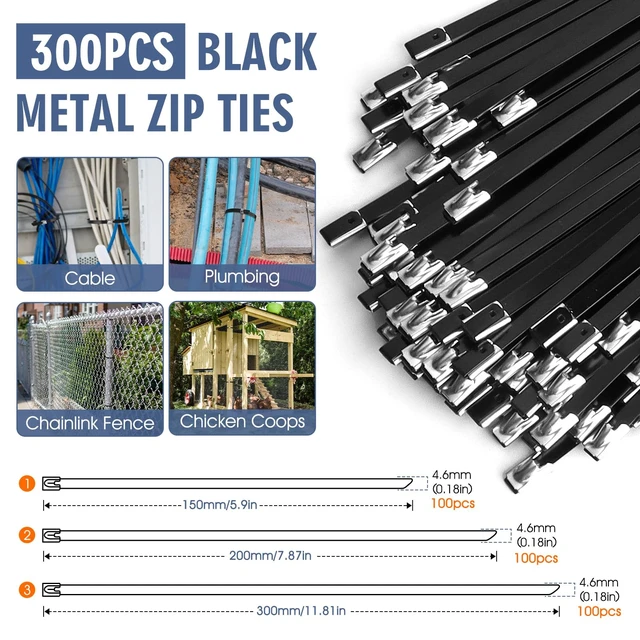 Alt view image 5 of 7 - Stainless Steel Zip Ties Gun Set, with 300PCS Black Metal Zip Ties (100 Each of 6, 8, 11.8 Inch), Heavy Duty Fastening Cutting Tie Tool Sets for Chain Link Fence, Exhaust Pipes, Automotive