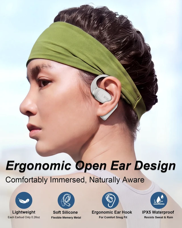 Alt view image 2 of 7 - Open Ear Headphones,Bluetooth Wireless Earbuds with 2 Mics,Touch Control,ENC Noise Cancelling,HiFi Stereo Sound Sport Earbuds for Gym Cycling,Compatible with iPhone and Android(Beige)