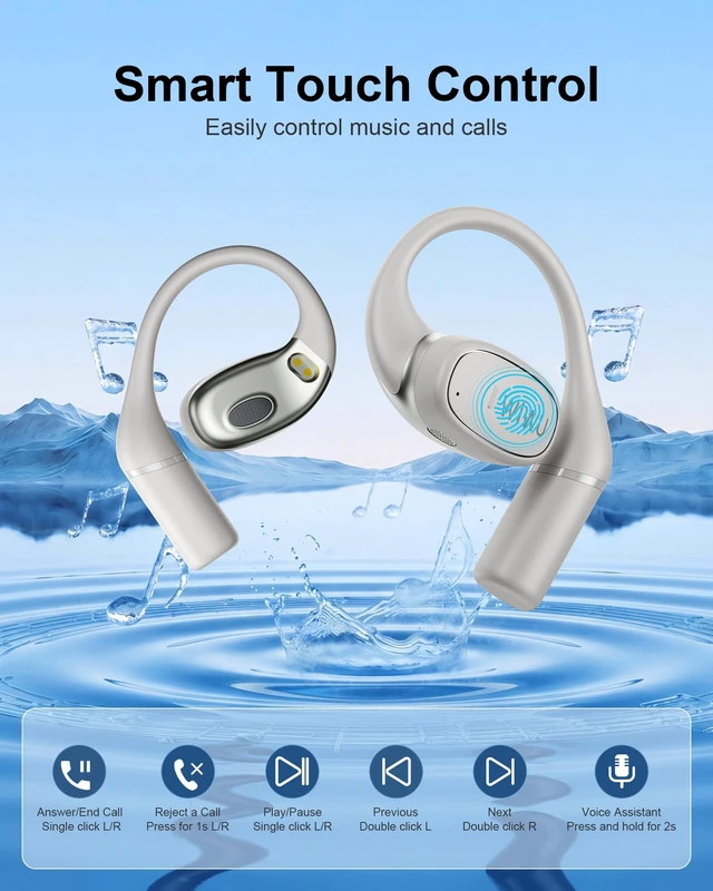 Alt view image 4 of 7 - Open Ear Headphones,Bluetooth Wireless Earbuds with 2 Mics,Touch Control,ENC Noise Cancelling,HiFi Stereo Sound Sport Earbuds for Gym Cycling,Compatible with iPhone and Android(Beige)