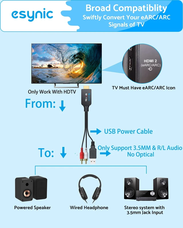 Alt view image 3 of 7 - 192KHZ ARC/eARC Audio Extractor-from HDTV to L/R Stereo Audio System USB Power-5 ft Long Integrated Cable Designed-Plug& Play-Only PCM/LPCM 2.0 Formats-Necessary to Setup On TV