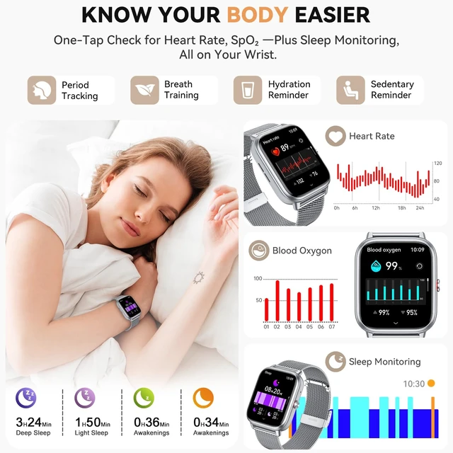 Alt view image 5 of 7 - Smart Watch for Women Men- 1000mAh Battery Answer/Make Call, Fitness Step Tracker Watch with Sleep Monitor/Activity Counter/110+ Sport Mode for Andriod iPhone iOS Compatible - 3 Straps
