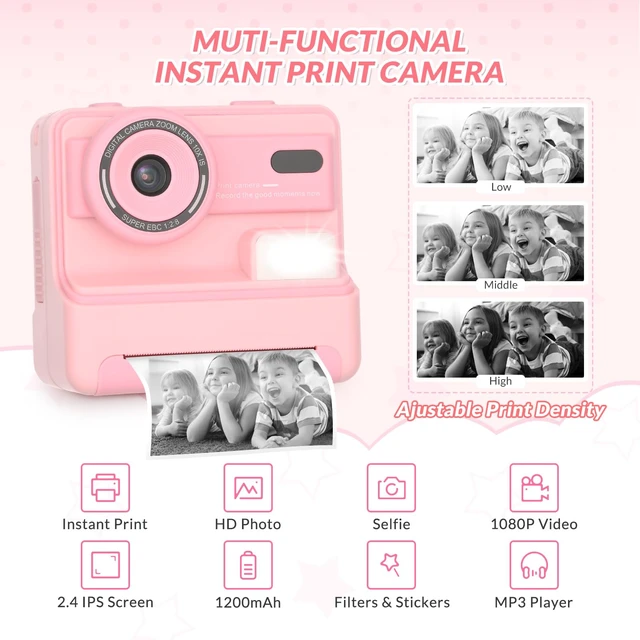 Alt view image 2 of 7 - Kids Camera Instant Print,1080P Selfie Digital Camera with 2.4 Inch Display 1200 mAh Battery,3-12 yrs Girls Boys Toys Gifts for Birthday/Xmas/Holiday,Pink