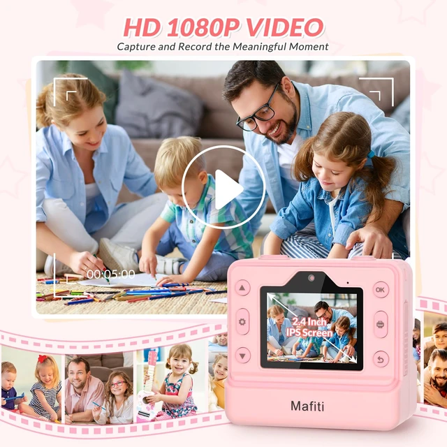 Alt view image 4 of 7 - Kids Camera Instant Print,1080P Selfie Digital Camera with 2.4 Inch Display 1200 mAh Battery,3-12 yrs Girls Boys Toys Gifts for Birthday/Xmas/Holiday,Pink