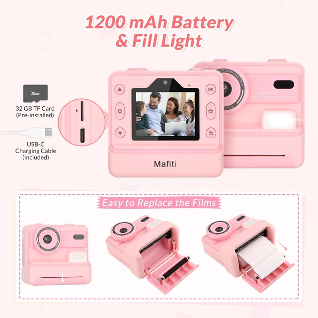 Alt view image 6 of 7 - Kids Camera Instant Print,1080P Selfie Digital Camera with 2.4 Inch Display 1200 mAh Battery,3-12 yrs Girls Boys Toys Gifts for Birthday/Xmas/Holiday,Pink