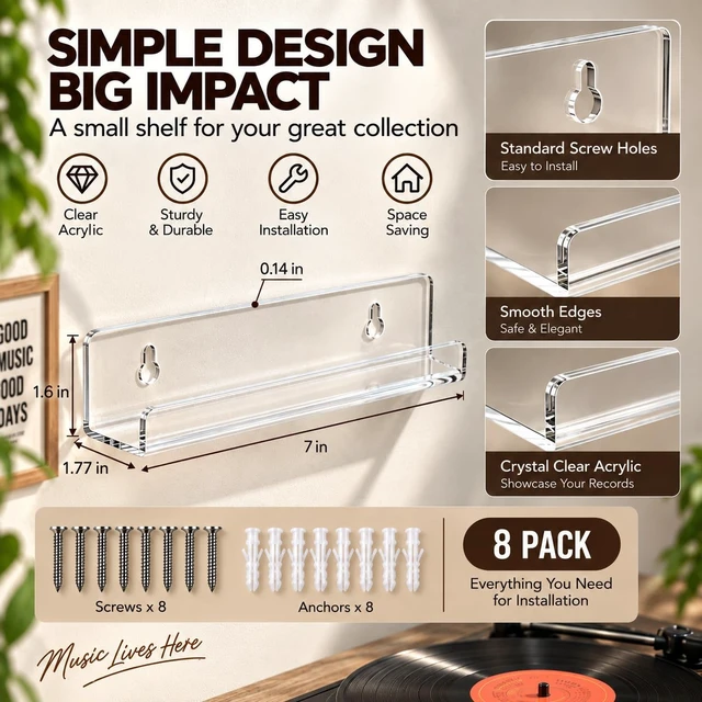 Alt view image 2 of 7 - Vinyl Record Shelf Wall Mount 8Pack,7 Inch Acrylic Record Shelf,Record Wall Display, Vinyl Record Holder CD Rack,8 Pack(Clear)
