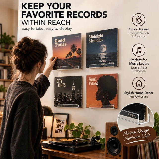 Alt view image 6 of 7 - Vinyl Record Shelf Wall Mount 8Pack,7 Inch Acrylic Record Shelf,Record Wall Display, Vinyl Record Holder CD Rack,8 Pack(Clear)