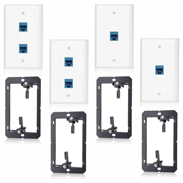Main image of Ethernet Wall Plate with Mounting Bracket, 2Pcs 1-Port & 2Pcs 2-Port Cover Cat6 RJ45 Keystone Jack Blue Coupler Female to Female, Network Cable Ethernet Wall Outlet Connector, 4 Pack White