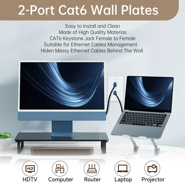 Alt view image 4 of 7 - Ethernet Wall Plate with Mounting Bracket, 2Pcs 1-Port & 2Pcs 2-Port Cover Cat6 RJ45 Keystone Jack Blue Coupler Female to Female, Network Cable Ethernet Wall Outlet Connector, 4 Pack White