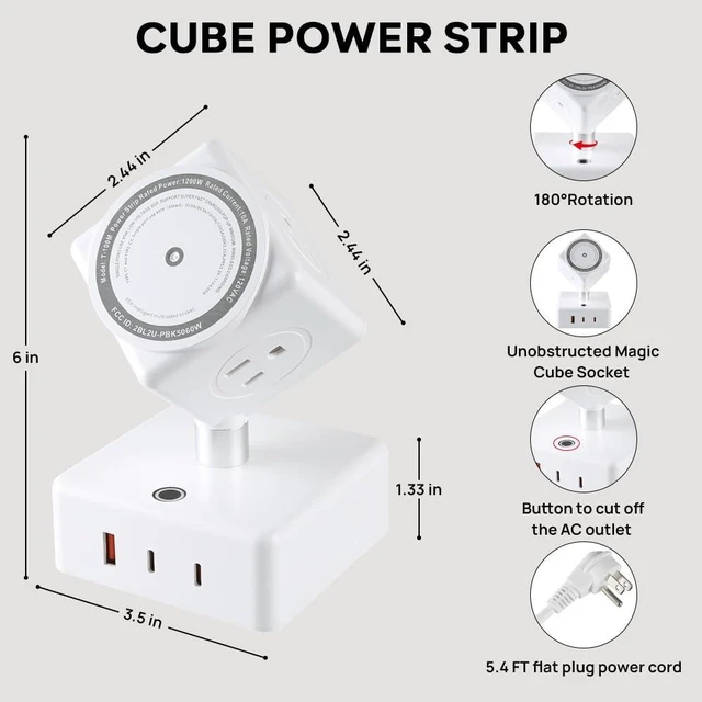 Alt view image 2 of 7 - Power Strips Tower 45W Charging Station 180° Rotatable Cube Design 15W Magnetic Wireless Charger for Multiple Devices, Several Outlet Extender, Dorm Room Essentials, Usb Charger x 3