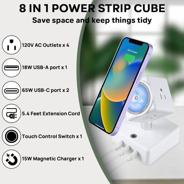 Alt view image 3 of 7 - Power Strips Tower 45W Charging Station 180° Rotatable Cube Design 15W Magnetic Wireless Charger for Multiple Devices, Several Outlet Extender, Dorm Room Essentials, Usb Charger x 3