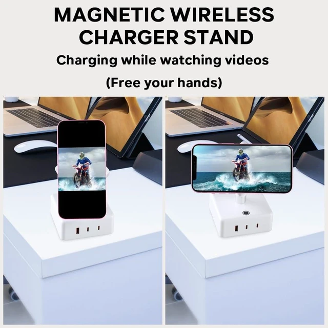 Alt view image 4 of 7 - Power Strips Tower 45W Charging Station 180° Rotatable Cube Design 15W Magnetic Wireless Charger for Multiple Devices, Several Outlet Extender, Dorm Room Essentials, Usb Charger x 3