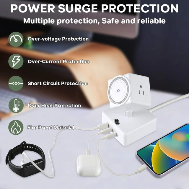 Alt view image 6 of 7 - Power Strips Tower 45W Charging Station 180° Rotatable Cube Design 15W Magnetic Wireless Charger for Multiple Devices, Several Outlet Extender, Dorm Room Essentials, Usb Charger x 3