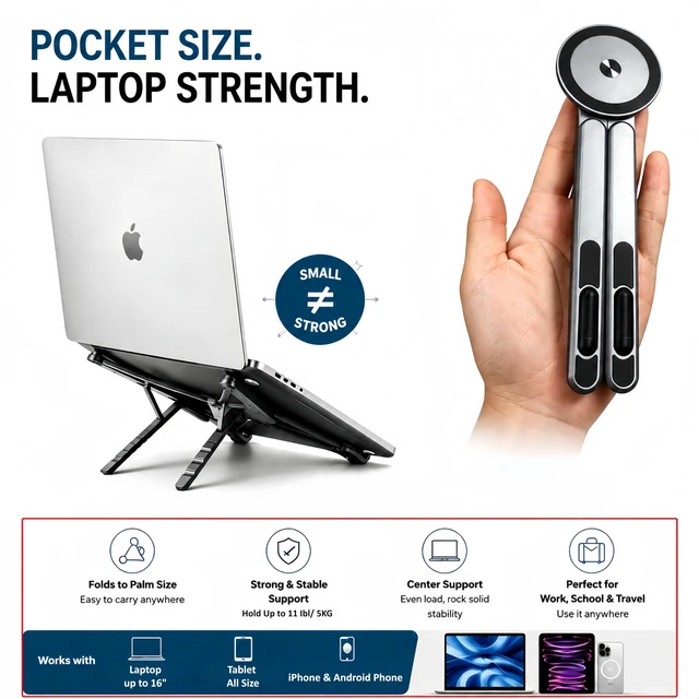 Alt view image 4 of 7 - 4-in-1 Foldable Laptop Stand with N52 Magnetic Phone Holder, Portable Aluminum Computer Stand for MacBook/ iPad/ Tablet, Adjustable Ergonomic Desk Stand for Home Office College Dorm & Travel Giftable