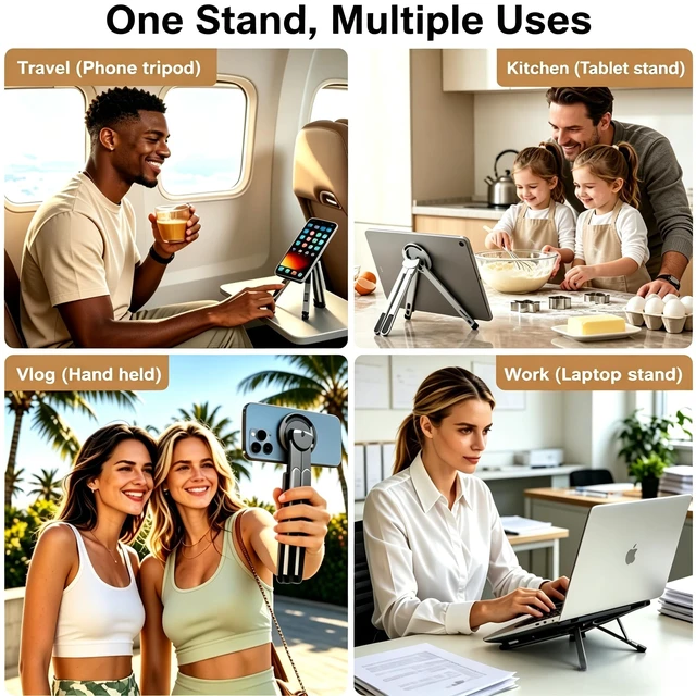Alt view image 6 of 7 - 4-in-1 Foldable Laptop Stand with N52 Magnetic Phone Holder, Portable Aluminum Computer Stand for MacBook/ iPad/ Tablet, Adjustable Ergonomic Desk Stand for Home Office College Dorm & Travel Giftable