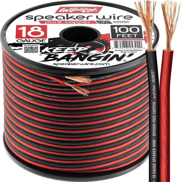 Main image of 18 AWG Gauge Speaker Wire (100 Feet) Car or Home Theater (OFC) Pure OFC Copper, 18/2 Speaker Cable, 2-Conductor, Frosted Red/Black, Easy Strip, Polarity ID, for Car Audio & Home Stereo