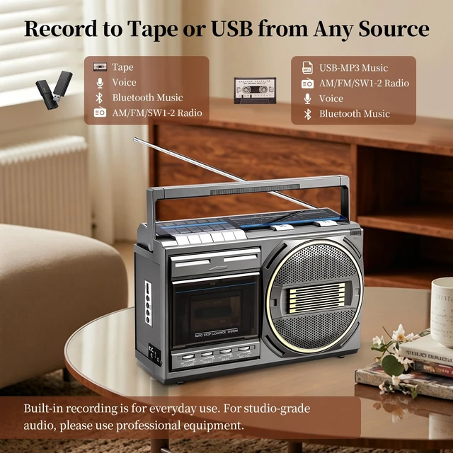 Alt view image 4 of 7 - Cassette Tape Player Bluetooth Boombox, Retro Cassette Player with AM/FM/SW Radio, Cassette to MP3 Converter, Tape Player with Treble/Bass Knobs, Karaoke Mic, Gift for Family, Friends, Seniors