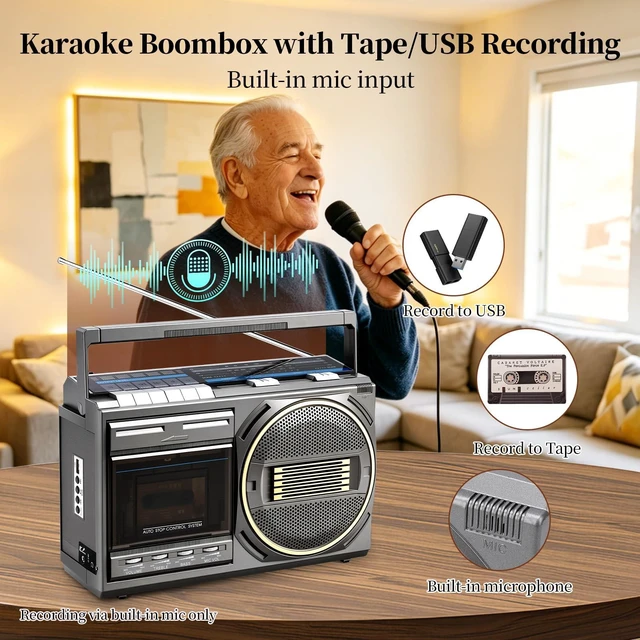 Alt view image 3 of 7 - Cassette Tape Player Bluetooth Boombox, Retro Cassette Player with AM/FM/SW Radio, Cassette to MP3 Converter, Tape Player with Treble/Bass Knobs, Karaoke Mic, Gift for Family, Friends, Seniors