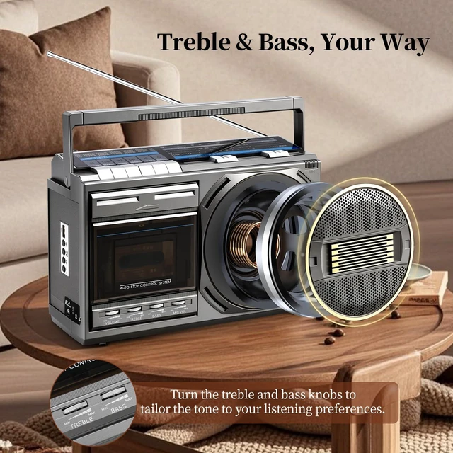 Alt view image 2 of 7 - Cassette Tape Player Bluetooth Boombox, Retro Cassette Player with AM/FM/SW Radio, Cassette to MP3 Converter, Tape Player with Treble/Bass Knobs, Karaoke Mic, Gift for Family, Friends, Seniors