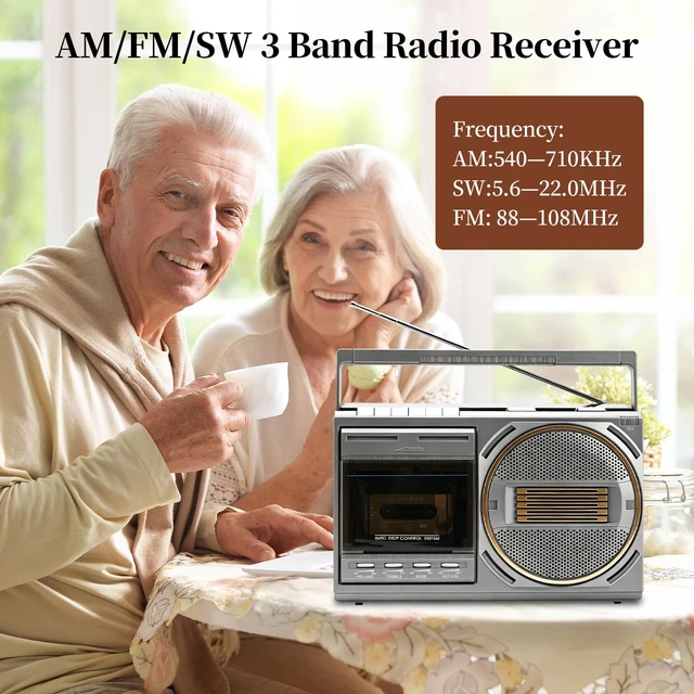 Alt view image 5 of 7 - Cassette Tape Player Bluetooth Boombox, Retro Cassette Player with AM/FM/SW Radio, Cassette to MP3 Converter, Tape Player with Treble/Bass Knobs, Karaoke Mic, Gift for Family, Friends, Seniors