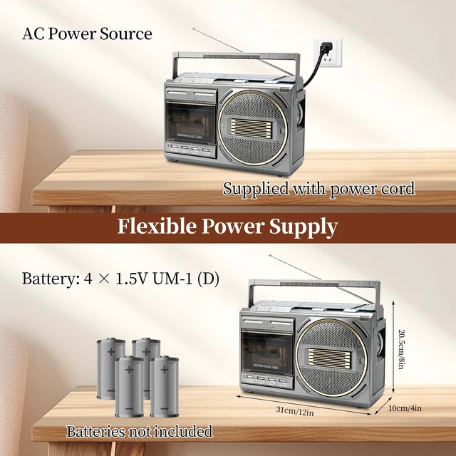 Alt view image 7 of 7 - Cassette Tape Player Bluetooth Boombox, Retro Cassette Player with AM/FM/SW Radio, Cassette to MP3 Converter, Tape Player with Treble/Bass Knobs, Karaoke Mic, Gift for Family, Friends, Seniors