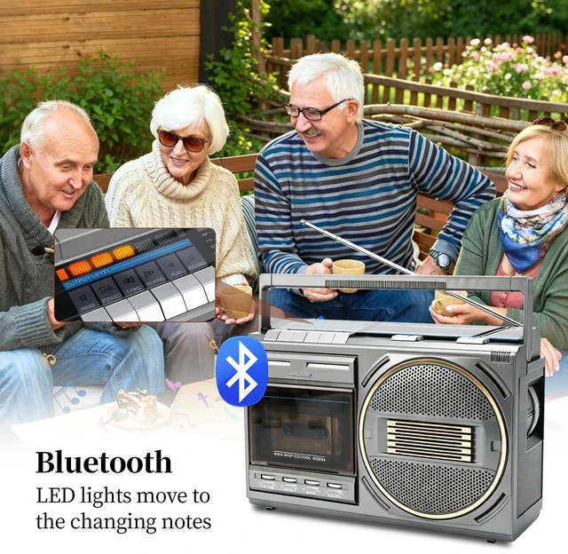 Alt view image 6 of 7 - Cassette Tape Player Bluetooth Boombox, Retro Cassette Player with AM/FM/SW Radio, Cassette to MP3 Converter, Tape Player with Treble/Bass Knobs, Karaoke Mic, Gift for Family, Friends, Seniors