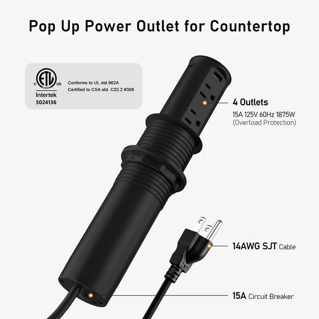 Alt view image 6 of 7 - Pop Up Outlet for Countertop 2.5-Inch,Recessed Power Strip,20W USB C,4 Outlets,Space Saver for Kitchen,Office Desk,Tamper Resistant Receptacle,ETL Listed (Black, USB-20W)